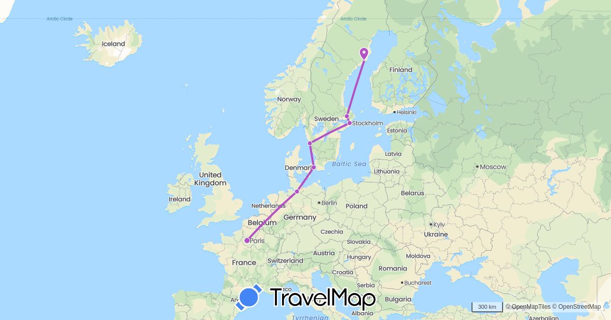 TravelMap itinerary: train in Germany, Denmark, France, Sweden (Europe)